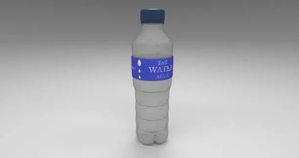 A 3d illustration of a plastic water bottle with a blue label isolated on a grey background