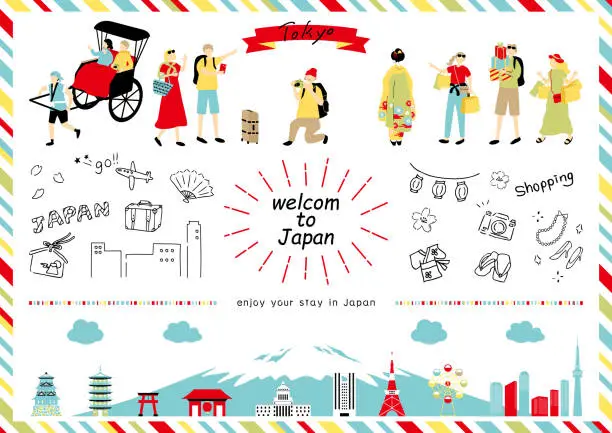 Vector illustration of illustration set of foreigners enjoying Japan tourism