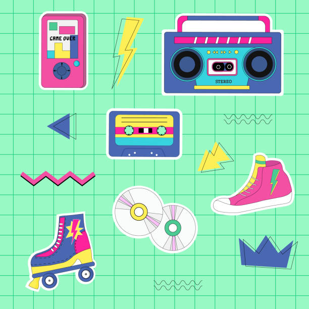 illustrations, cliparts, dessins animés et icônes de ensemble d’autocollants rétro des années 90. magnétophone, cassettes, baskets et patins à roulettes. - 1980s style fashion canvas shoe beauty