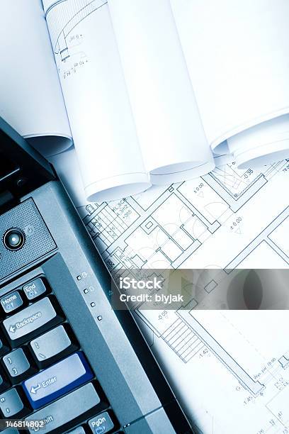 Blueprints And Laptop Series Stock Photo - Download Image Now - Backgrounds, Blueprint, Above