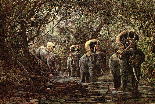 En route through the forest in Laos; sketch and watercolor by Eugene Burnand (c.1882).