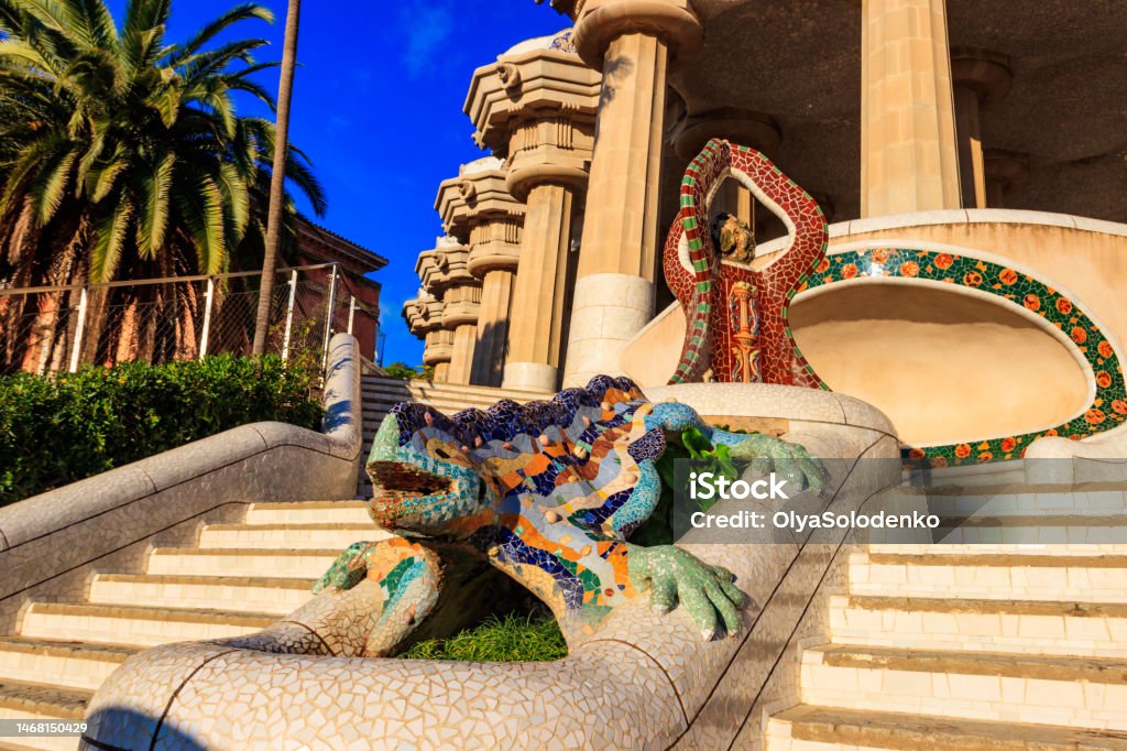 Multicolored mosaic dragon salamander of Gaudi in Park Guell, Barcelona, Spain Barcelona - Spain Stock Photo