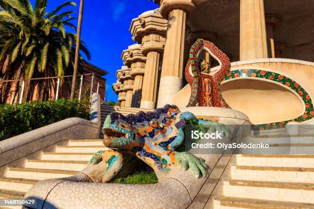 Multicolored Mosaic Dragon Salamander Of Gaudi In Park Guell Barcelona Spain Stock Photo - Download Image Now