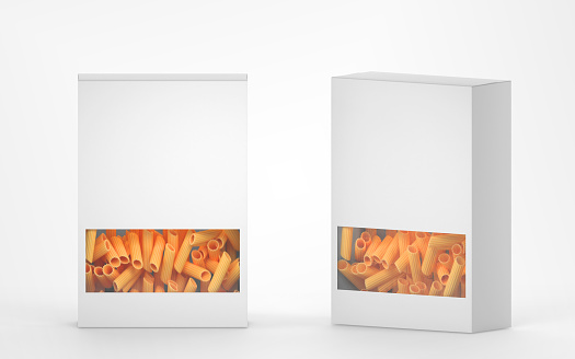 Pasta in white paper box with transparent plastic window 3d render. Realistic set of empty packaging with dry penne or rigatoni macaroni, isolated mockup package front and angle view, 3D illustration