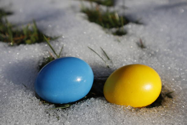 The snow seems to be melting from the heat of Easter eggs. Green grass is already appearing under the snow.