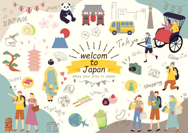 ilustraciones, imágenes clip art, dibujos animados e iconos de stock de conjunto de ilustración de extranjeros que disfrutan del turismo de japón - skytree
