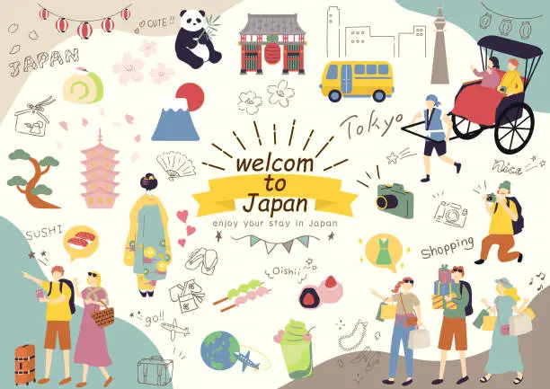 Vector illustration of illustration set of foreigners enjoying Japan tourism