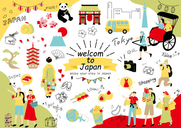 ilustrações, clipart, desenhos animados e ícones de conjunto de ilustração de estrangeiros que desfrutam do turismo do japão - cherry blossom blossom cherry tree sakura