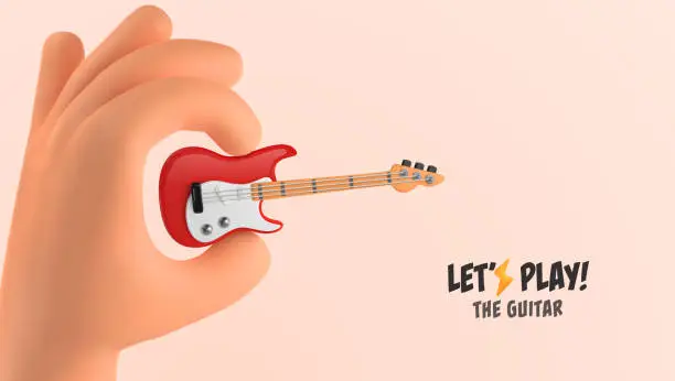 Vector illustration of 3d cartoon hand holding little red electric guitar on the light background. Musical string instrument funny vector illustration for shop or class.