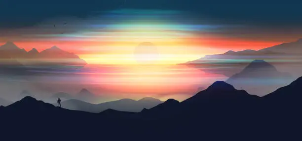 Vector illustration of Colourful dawn above seashore landscape