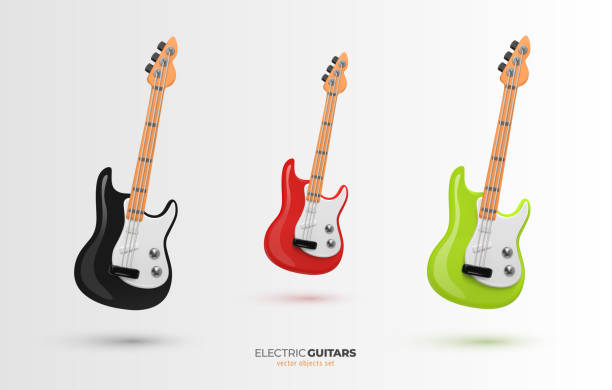 istock Set of vector 3d cartoon electric guitars black, red and green colors design elements on white background. 1468153531