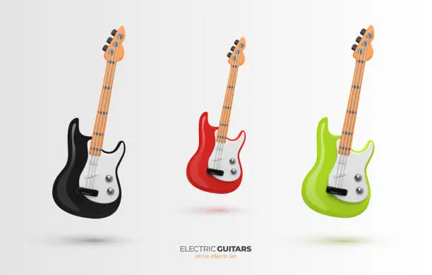 Vector illustration of Set of vector 3d cartoon electric guitars black, red and green colors design elements on white background.