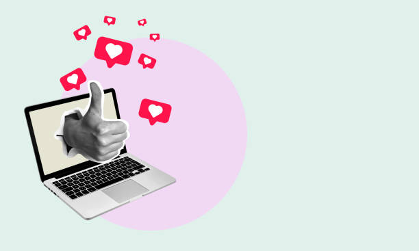 istock Art collage, thumbs up shows from laptop, remote work, cybersecurity on light background. 1468155873