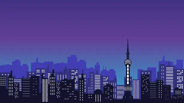 Vector illustration of Silhouette of the Night City at the Oriental Pearl Tower in Shanghai