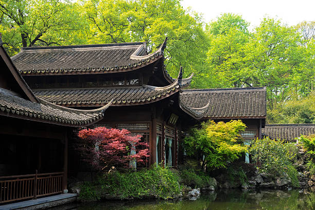 istock Old oriental structures with garden and fish pond 146815677