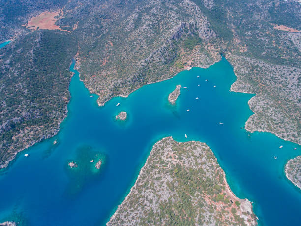 Top view of the anchorage in the Gokkaya bay, Turkey. stock photo