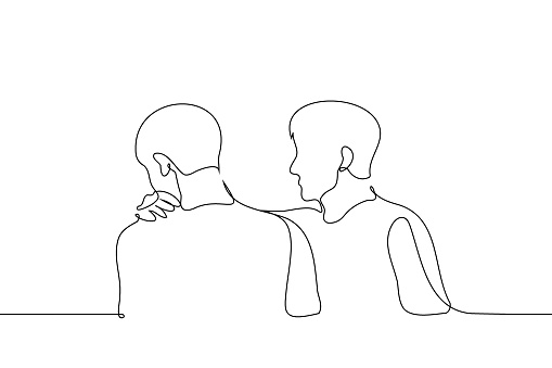 man is trying to stop a friend who is leaving or turning away from him by holding his shoulder - one line drawing vector. concept comfort, comfort, pay attention, be empathic and caring