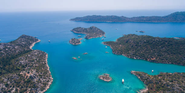 Aerial view of Kekova Bay with beautiful turquoise water stock photo