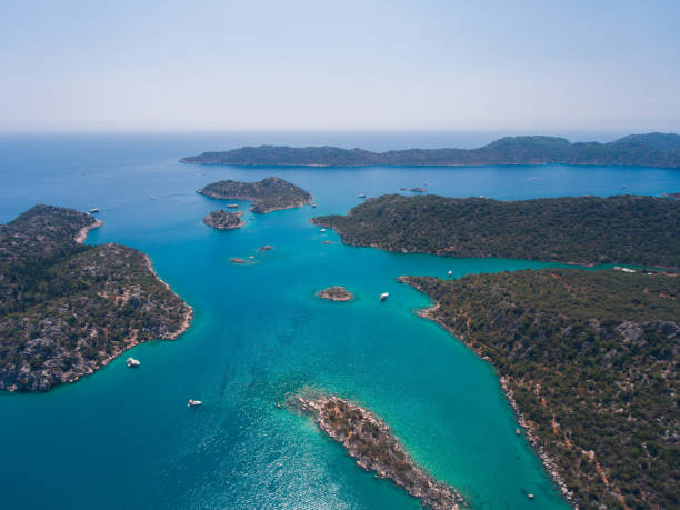 Aerial view of Kekova Bay with beautiful turquoise water stock photo