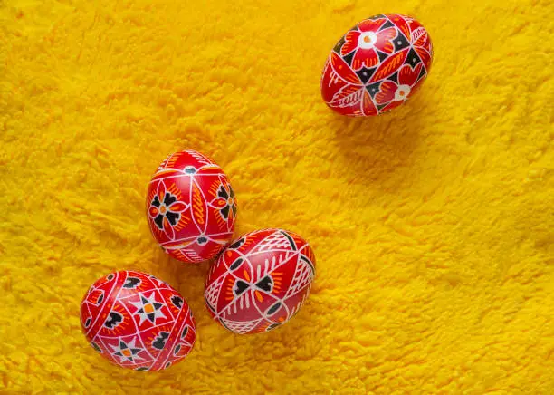hand painted Sorbian Easter eggs on soft fabric