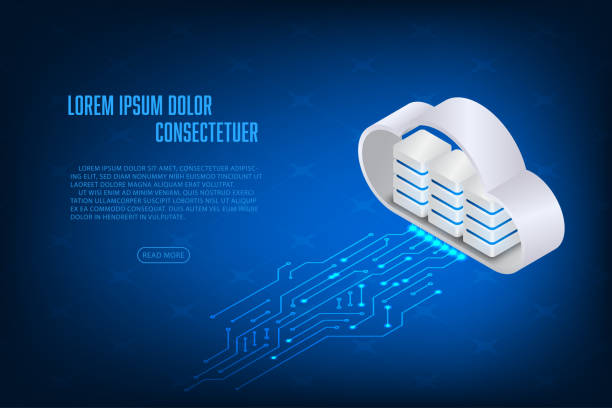 ilustraciones, imágenes clip art, dibujos animados e iconos de stock de tecnología isométrica vectorial de almacenamiento en la nube con concepto de circuito - almacenamiento en nube