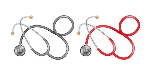 Vector illustration of Two stethoscopes with black and red tubes on a white background. Medical device for listening to the heart, breathing, pulse, pressure measurement. Vector illustration.