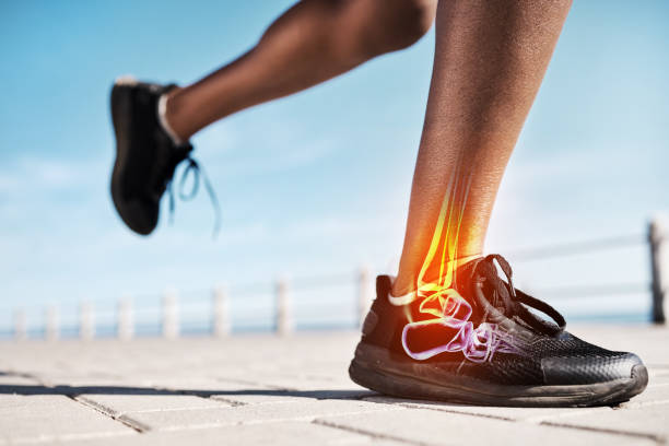 istock Running shoes, legs or skeleton bone glow in workout, training or exercise with anatomy pain, body stress or joint burnout. Zoom, runner or sports woman with ankle injury and 3d futuristic abstract 1468159061
