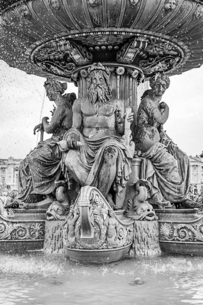 Fountain on the Place de la Concorde square in Paris, France in black and white
