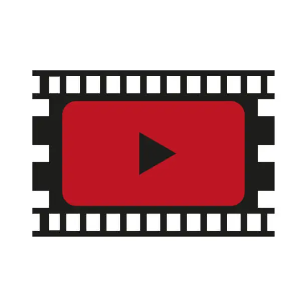 Vector illustration of Red play button film in retro style. Vector illustration.