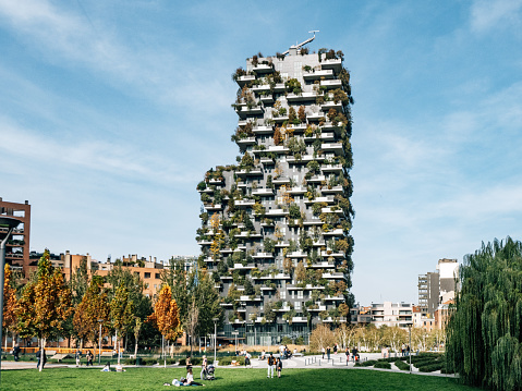 Famous building vertical forest in Milan - Bosco verticale building. Green vertical forest building in Milani, Italy.