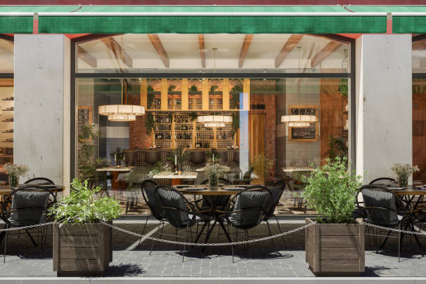 istock Empty Restaurant Exterior With Tables And Chairs 1468161885