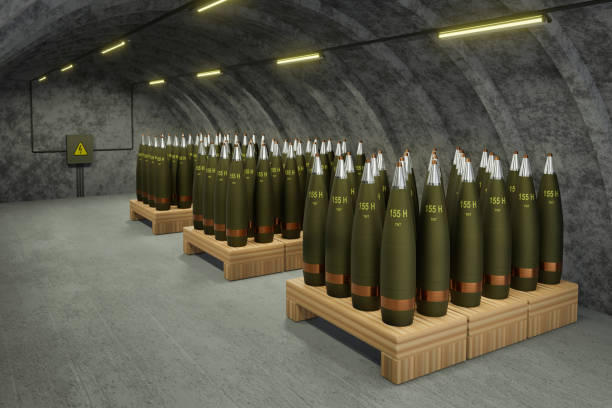 Military storage of 155mm gun shells stock photo