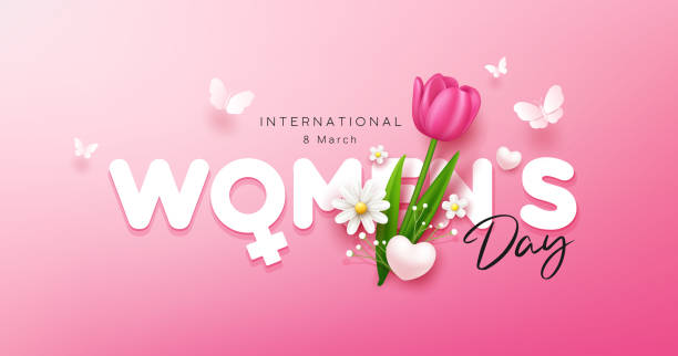 Dia feliz das mulheres com flores da tulipa e design da bandeira da borboleta no fundo cor-de-rosa - ilustração de arte em vetor