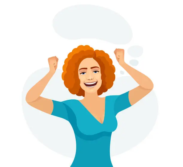 Vector illustration of Cheerful woman showing muscles and smiling.