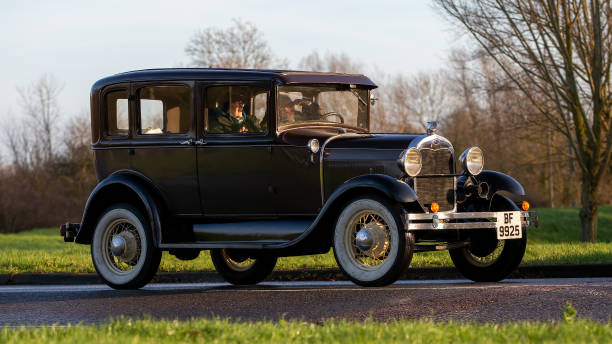 Vintage Ford Model A car Stony Stratford, Bucks, UK, Jan 1st 2023. 1929 black vintage Ford Model A car driving on an English country road ford truck black stock pictures, royalty-free photos & images