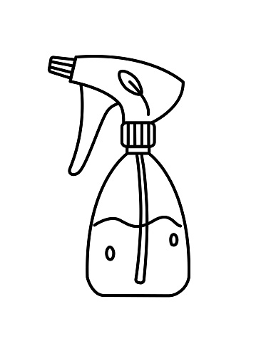 Spray bottle with leaf doodle drawing. Sprayer with water or organic cleaning spray black and white vector illustration