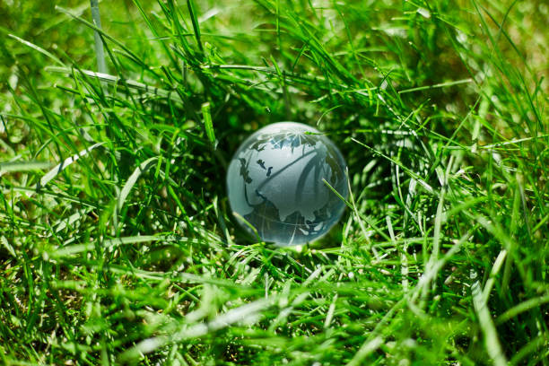 istock Glass Earth globe on green grass background, Saving environment concept,  Earth Day Concept 1468164863