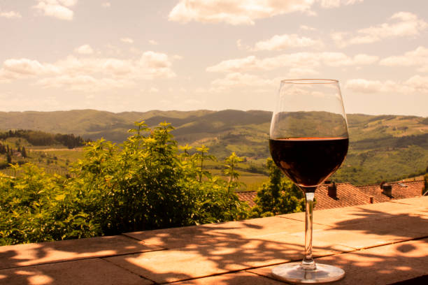 copa de vino tinto en las colinas de la toscana en italia. - wine bottle food wine restaurant fotografías e imágenes de stock