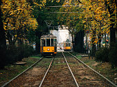 Old yellow trams in Milan, Italy