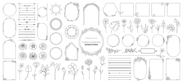 Wedding monogram modern collection, minimalistic floral vector templates, Hand drawn line border frames, dividers, corners, flowers and labels, for Invitations, Save the Date Cards. Logo luxury identity for restaurant, boutique, cafe, beauty salons.