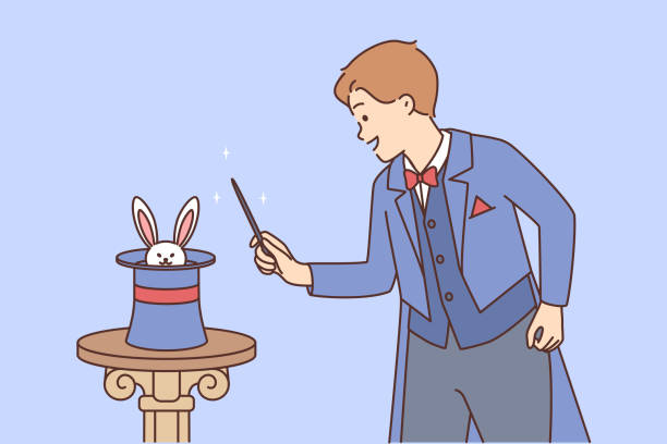 ilustrações de stock, clip art, desenhos animados e ícones de man magician stands near hat in which rabbit is hiding in preparation for stunt - magic circus wand circus theatrical performance stage theater