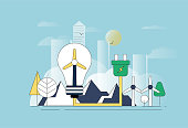 istock Electric lights, wind turbines, cities, plugs. Energy saving, new energy environment protection concept map 1468171850