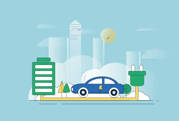 Vector illustration of City, car charging. Energy saving, new energy environment protection concept map.