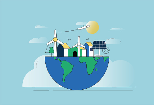 Wind turbines, earth, photovoltaic panels. Energy saving, new energy environment protection concept map.