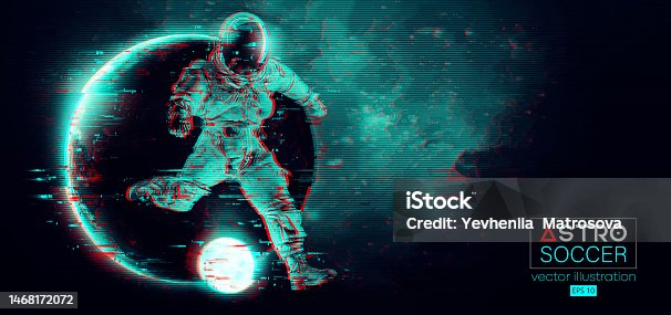 istock Soccer football player astronaut in space action and planets on the background of the space. Vector illustration 1468172072