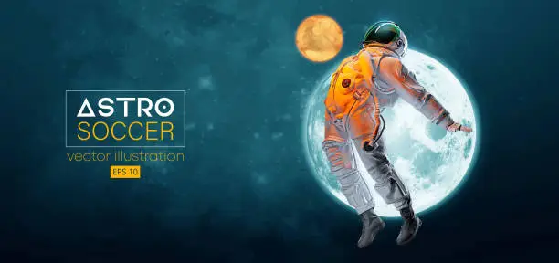 Vector illustration of Soccer football player astronaut in space action and Moon, Mars planets on the background of the space. Vector illustration