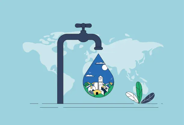 Vector illustration of Tap, water drop, house, wind turbine. Concept map of water conservation and environmental protection.