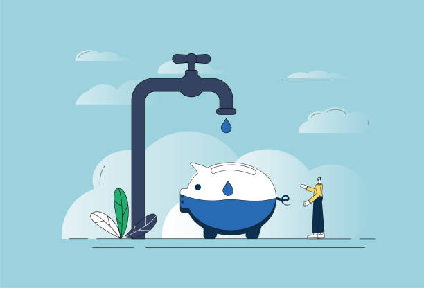 illustrazioni stock, clip art, cartoni animati e icone di tendenza di riempimento dell'acqua con salvadanaio, risparmio idrico e illustrazione del concetto di protezione ambientale. - scarcity