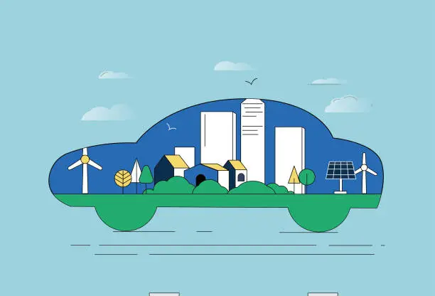 Vector illustration of Wind turbines, houses, photovoltaic panels, cars. Concept map of new energy vehicles and environmental and climate protection.