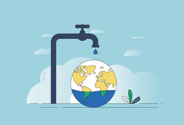 Vector illustration of Concept map of faucet, water drop, earth and water saving.